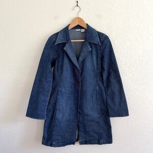 Rubbish Y2K Denim Trench Coat Long Duster Jacket Dark Wash Indigo Small